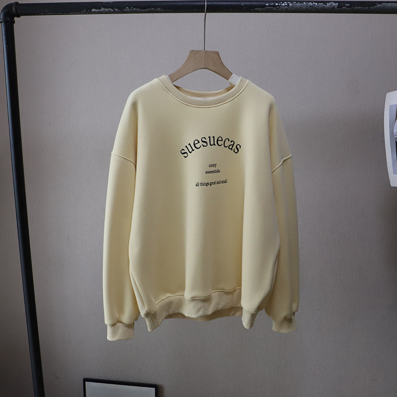 Casual Loose Fleece Lined Hoodie with Letter Print Round Neck Style Women's Sweatshirt