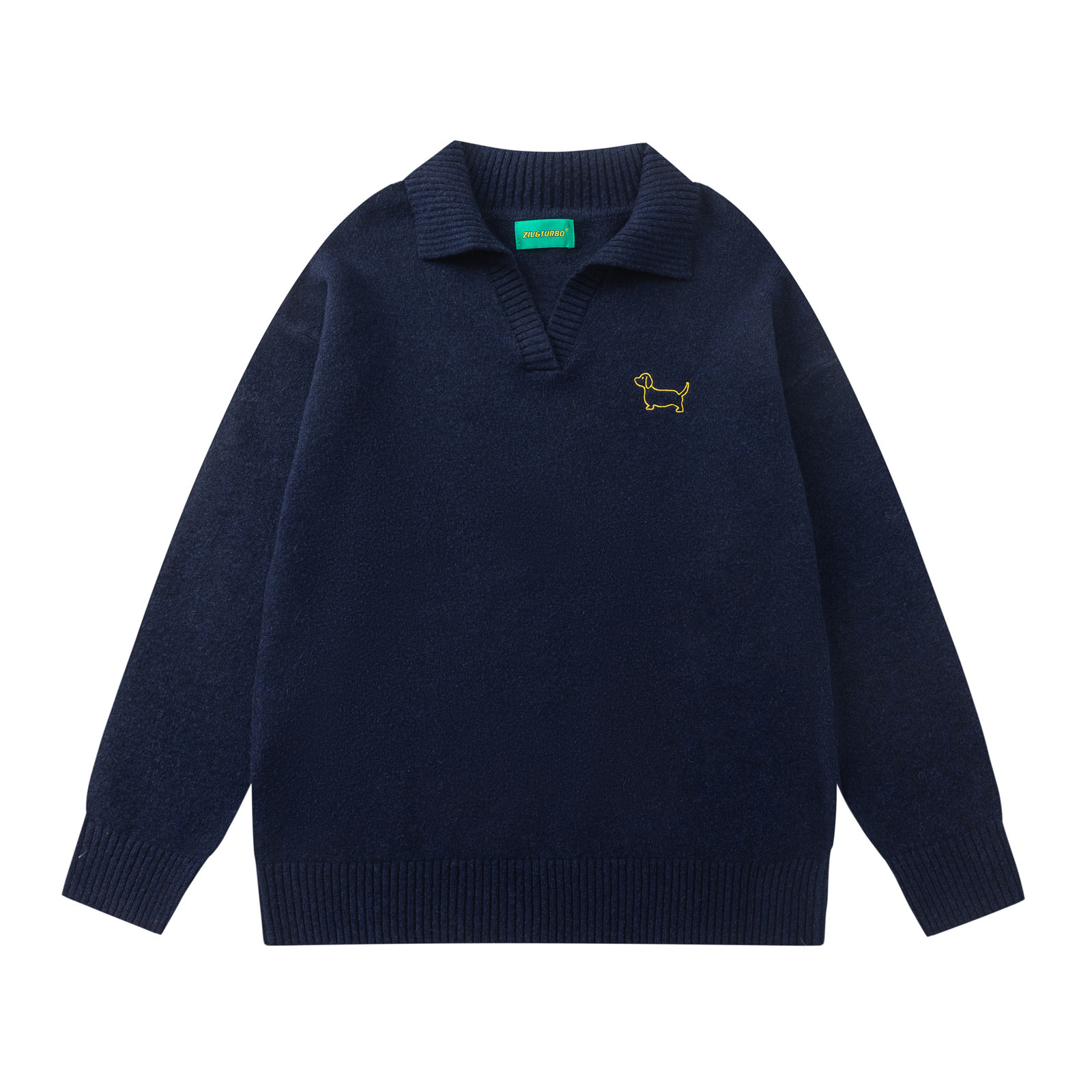 Embroidered Polo Neck Sweater Couple Versatile Loose Casual Knit