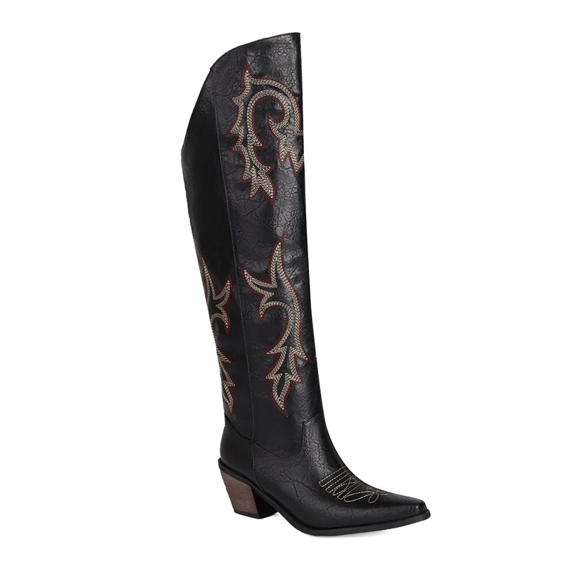 Country Thigh Block Sole Sharp Tip Boots