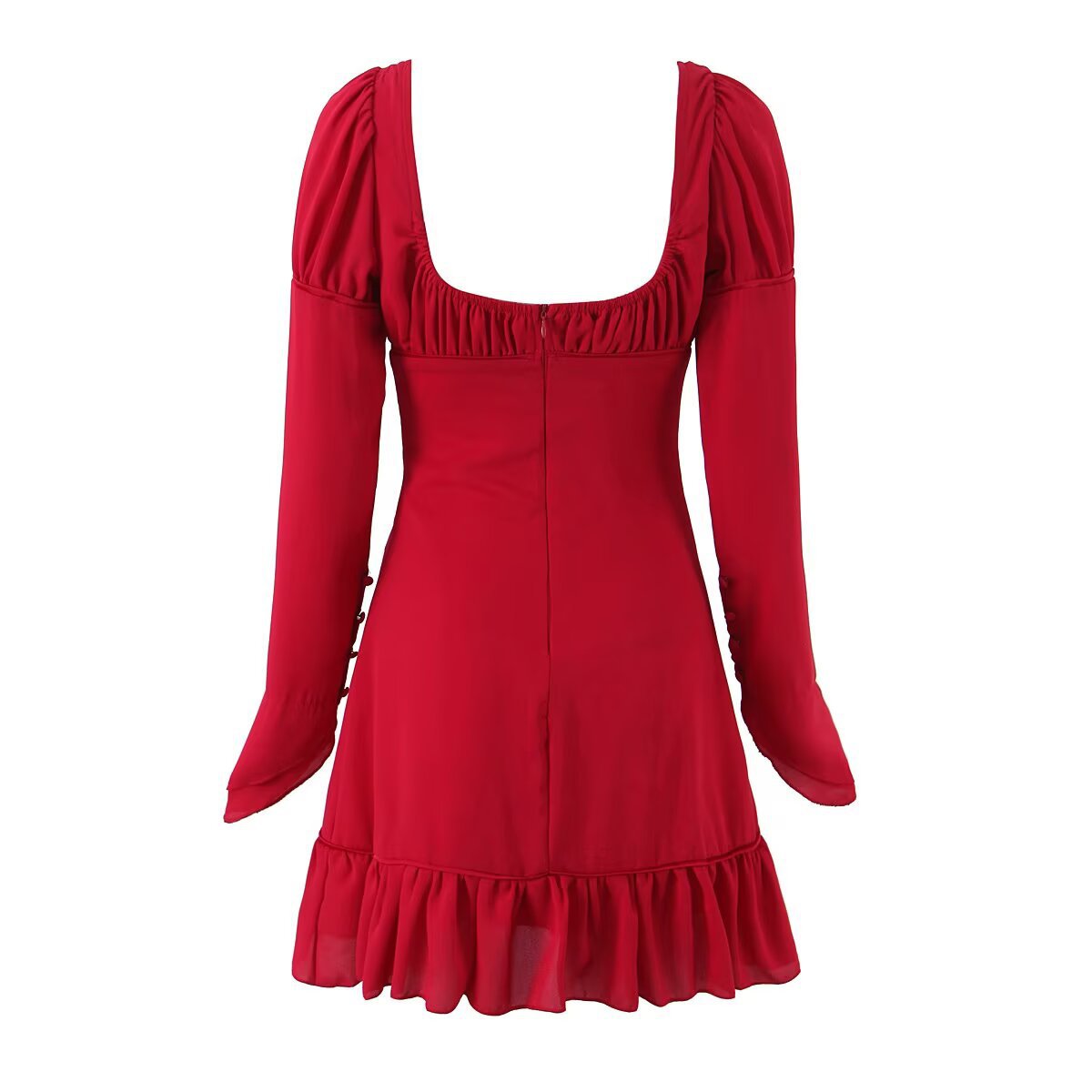 Square collar long sleeved backless black fungus trimmed short dress for women