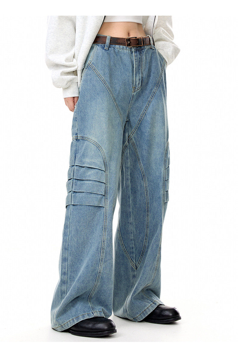 Street Retro Unique Folded Structured Casual Denim Trousers