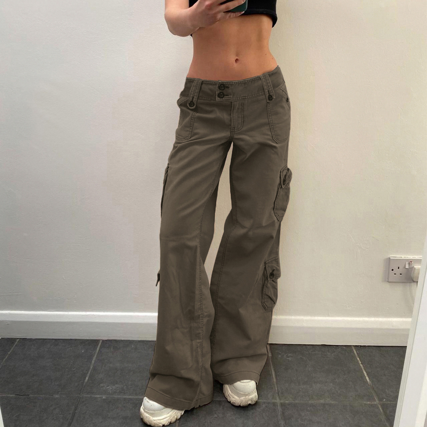 Low waisted workwear women's double row buckle multi pocket splicing straight leg wide leg jeans