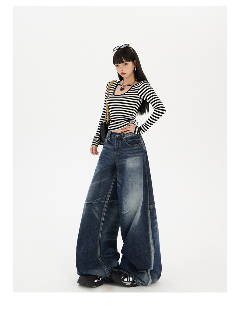 Women's Wide-Leg Jeans Washed Blue Pear-Shaped Slant Pants