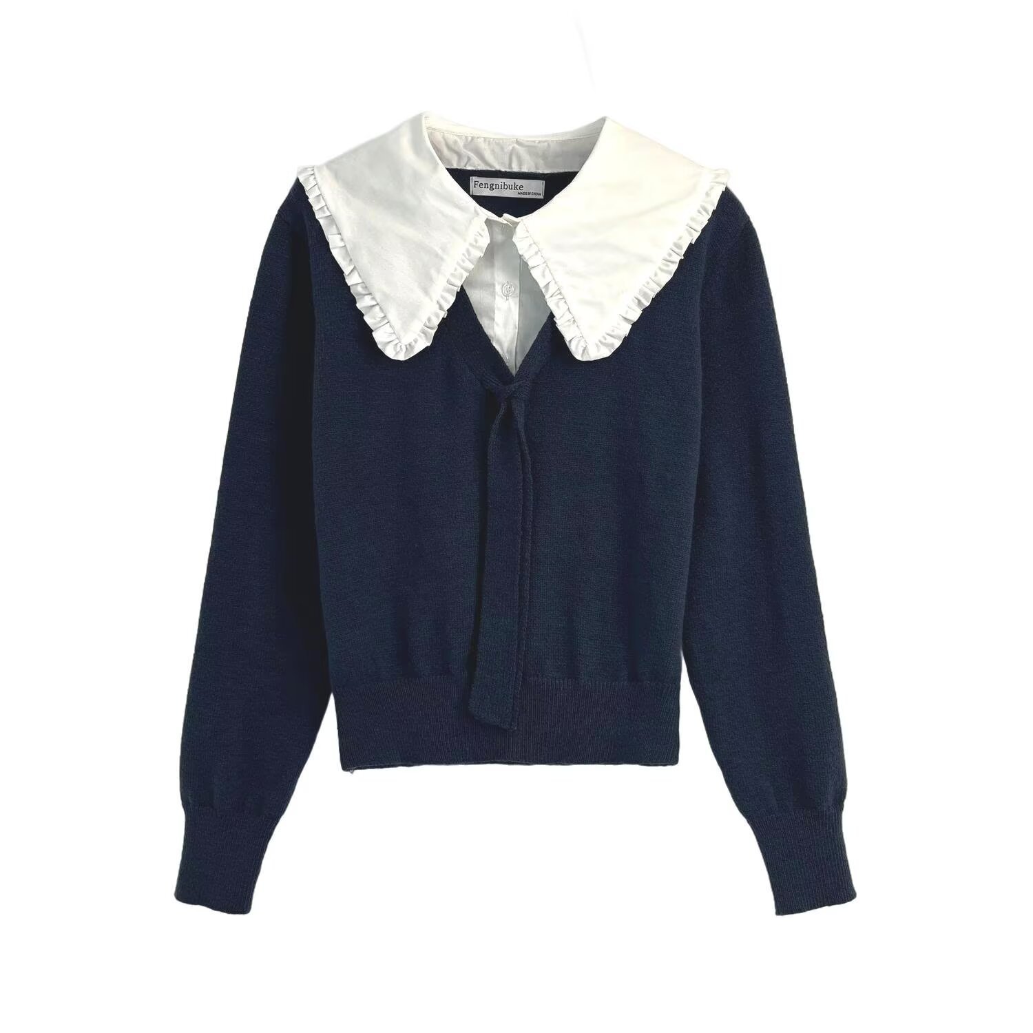 Two-Tone Pieced Neck Full-Length Sleeve Polyester Sweater