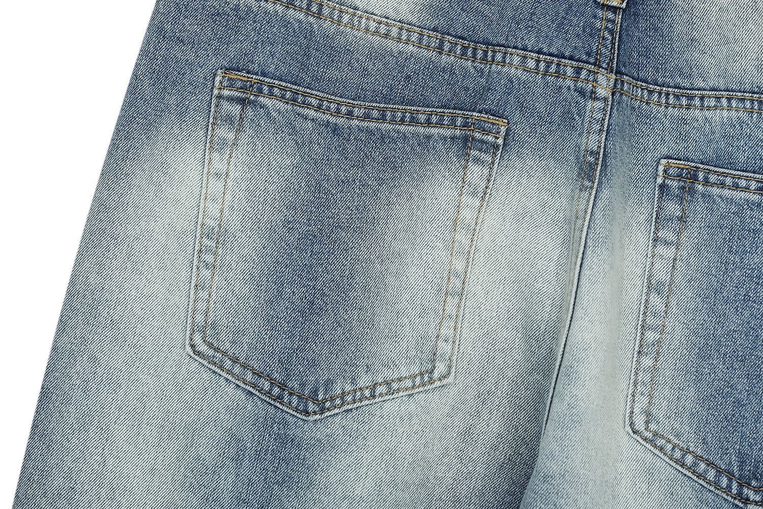 Vintage Street Cat-Whisker Pattern Loose Fit Men's Washed Blue Flared Jeans