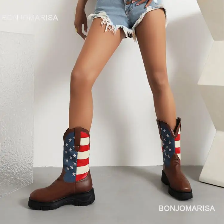 Cowboy Boots For Women Ankle Western Boots Cowgirls Rivet Star Design Fashion Block High Heeled Shoes Pointed Toe
