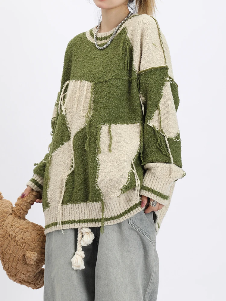 Ladies Long-Sleeved Round Neck Fringe Two-Tone Sweater