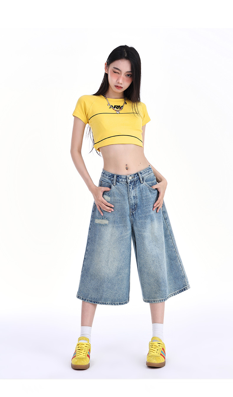 Retro Distressed Seven-Quarter Denim Pants for Women High Waist Slimming Loose Faded Straight Leg Mid-Length Trousers