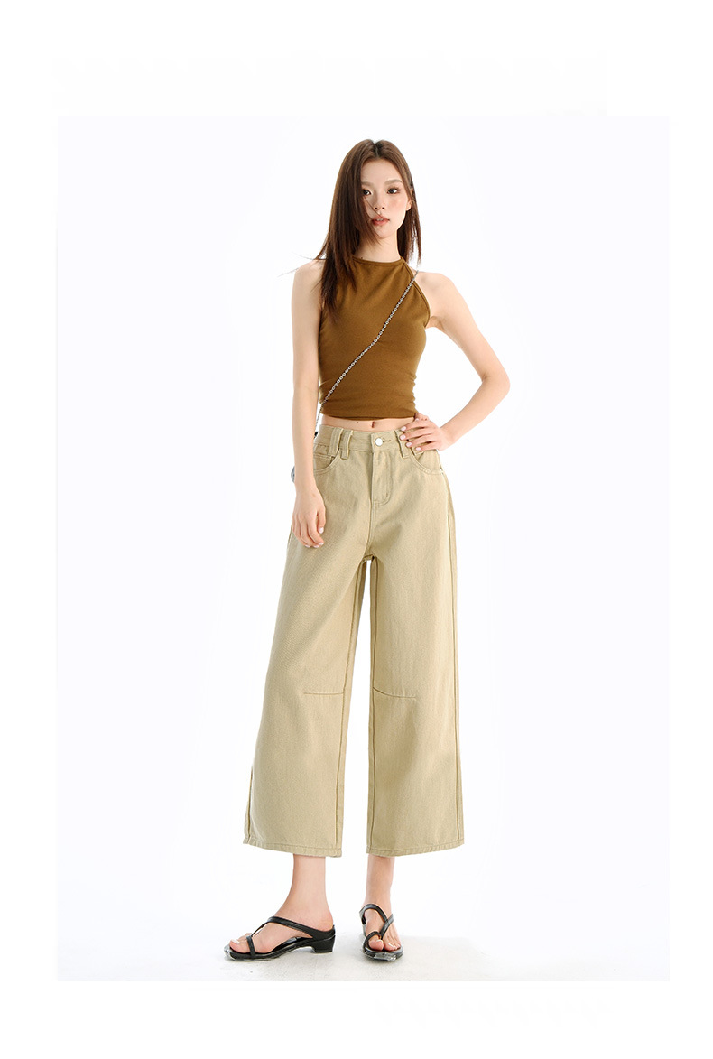Vintage Washed Calf-Length Denim Pants for Women with Pleated Design, High-Waisted Straight-Leg Wide-Leg Trousers