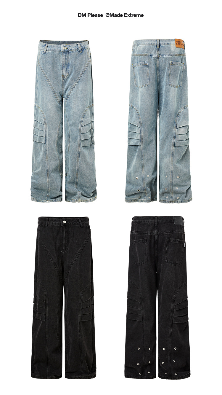 Street Retro Unique Folded Structured Casual Denim Trousers