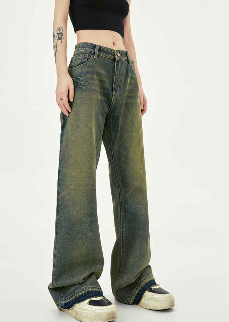 Washed Distressed Wide-Leg Long Jeans with Cuffed Hem
