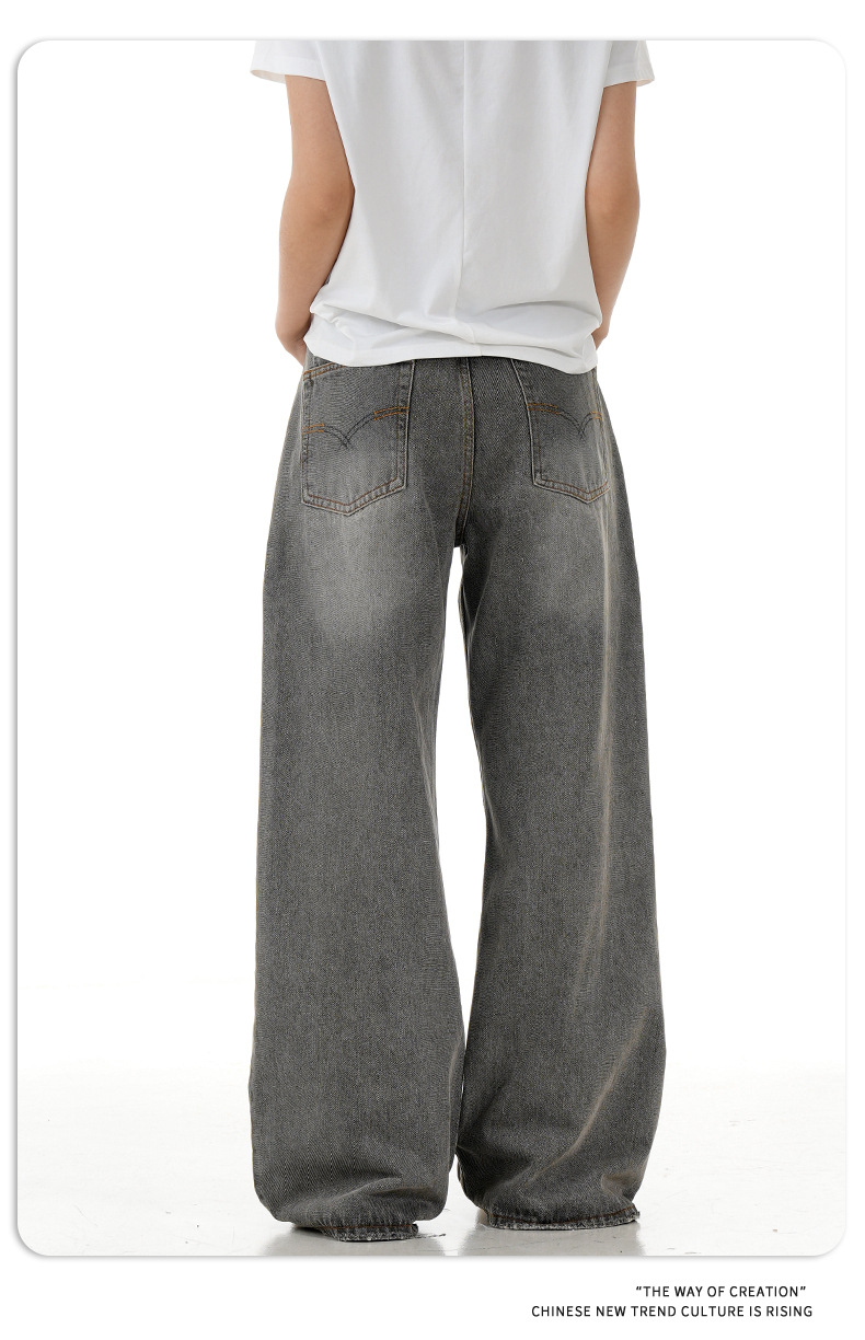 Grey Denim Pants for Men and Women Vintage Straight Leg Loose Casual Long Pants