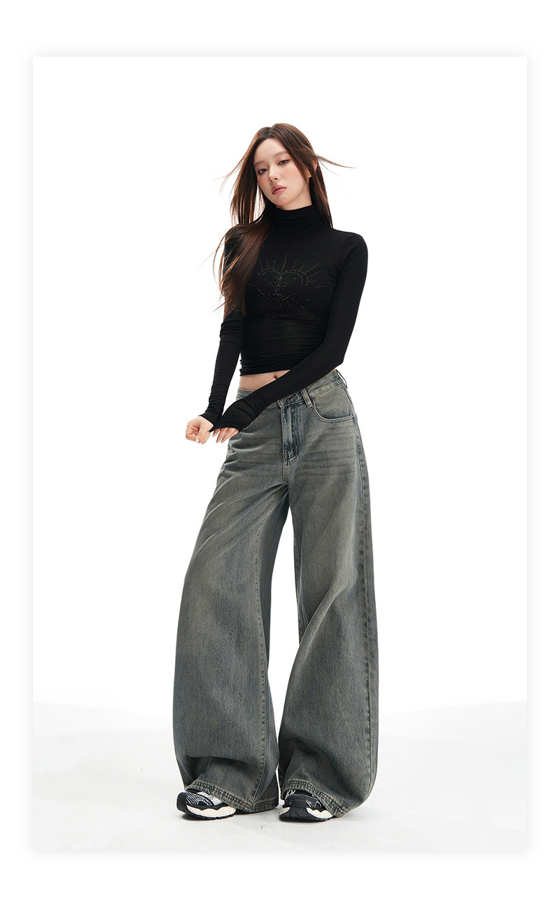 Women's Wide-Leg Pants Loose Fit High-Waist Trousers Slimming Multi-Purpose Denim Pants with Vintage Color Washed Effect
