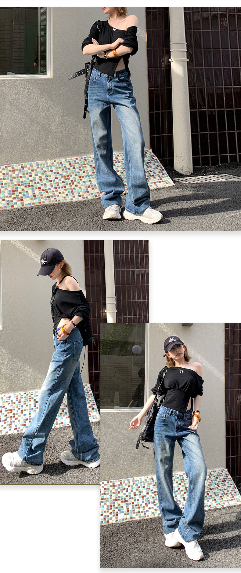 Straight Jeans for Women Loose Slimming Washed Wide Leg Floor-Length Pants