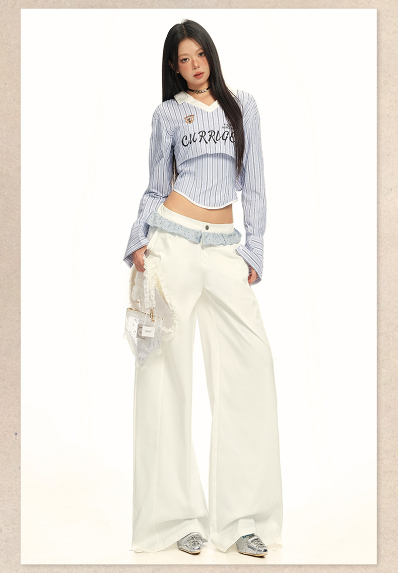 Women's Wide-Leg Casual Pants with White Lace Splicing