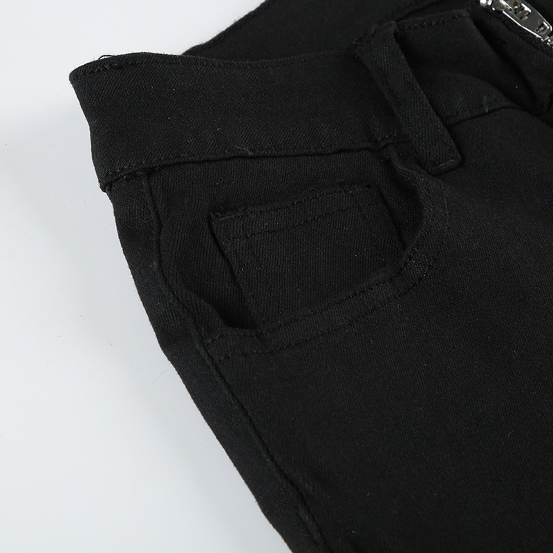 Retro trendy solid color horn low waist zipper denim pants