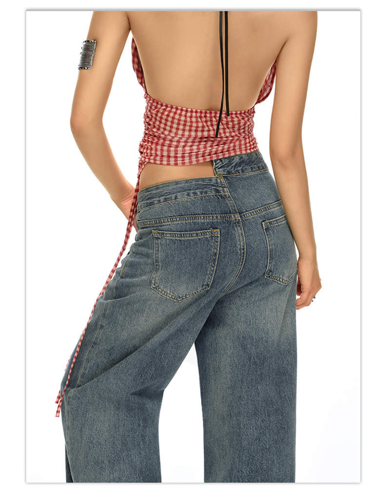 Blue High-Waisted Straight Leg Jeans for Women Loose Wide-Leg Pants Summer