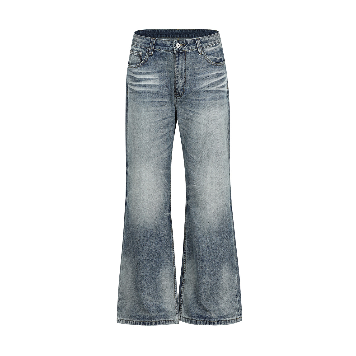 Vintage Street Style Unisex Relaxed Fit Cat-Whisker Pattern Washed Blue Flared Denim Jeans for Men
