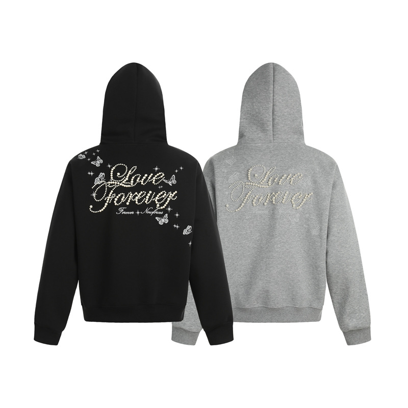 Street Style Letter Beaded Hoodie, Unisex Loose Casual Hooded Sweatshirt