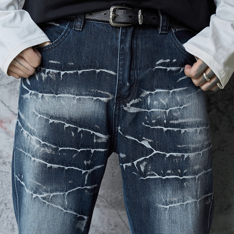 Retro Washed Lightning Pattern Men's Long Pants, INS Autumn Trendy Streetwear, Cool and Versatile Slightly Flared Jeans