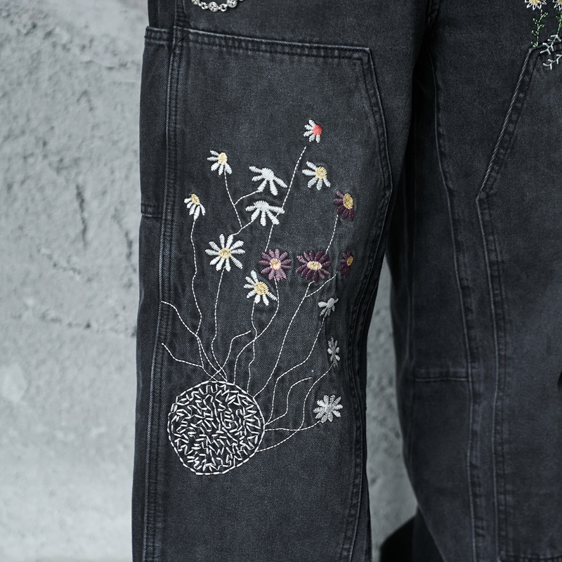 Casual Knife-Edge Pants for Men, Loose Straight-Leg Patchwork Denim Pants, Embroidered Wide-Leg Long Pants