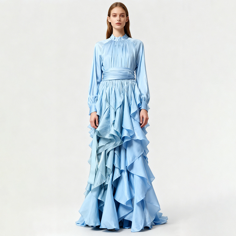 Cotton Blend Fit and Flare Ruffle Maxi Dress