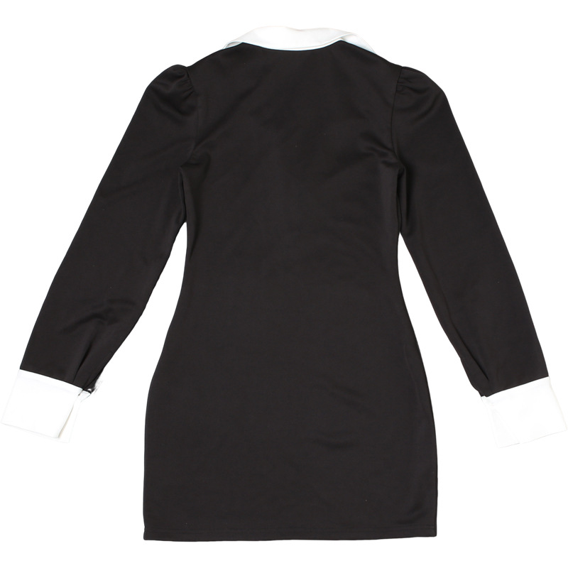 Two-Tone Bodycon V-Neck High-Waisted Long-Sleeve Polyester Dress