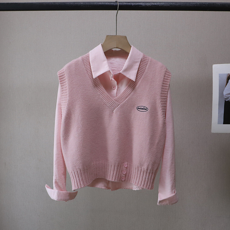 Fashion Two-Piece Set Shirt + Letter Embroidered Knit Vest for Women