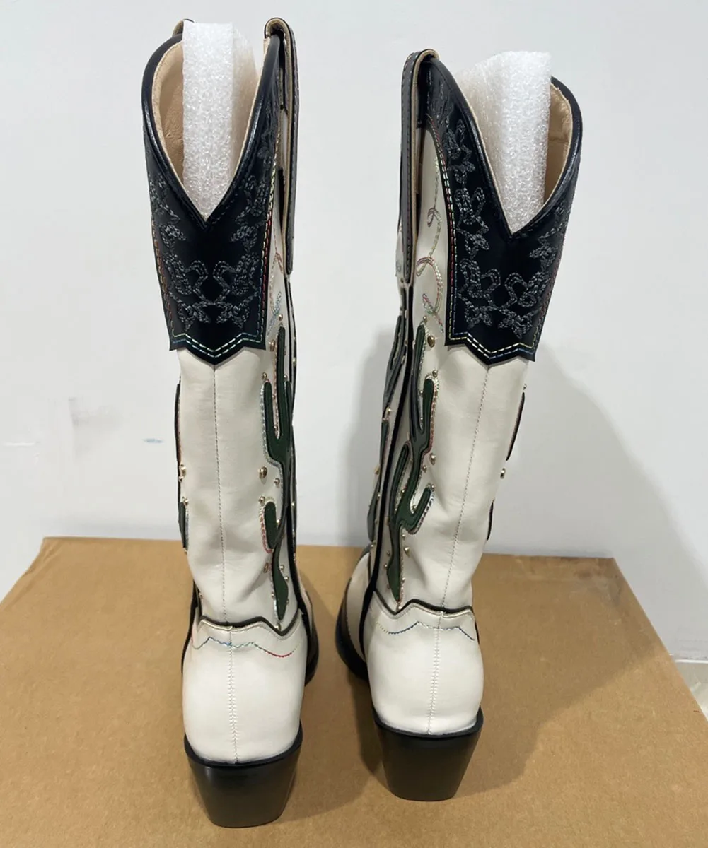 Western Cowboy Mid Calf Women Boots Chunky High Heels Cactus Vintage Cowgirl Long Boots Retro Shoes Woman
