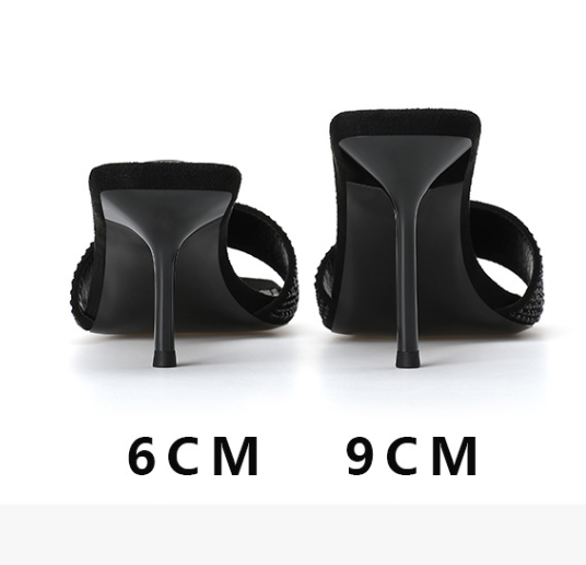 Square toe black rhinestone strap sandals stiletto high heel sandals for women
