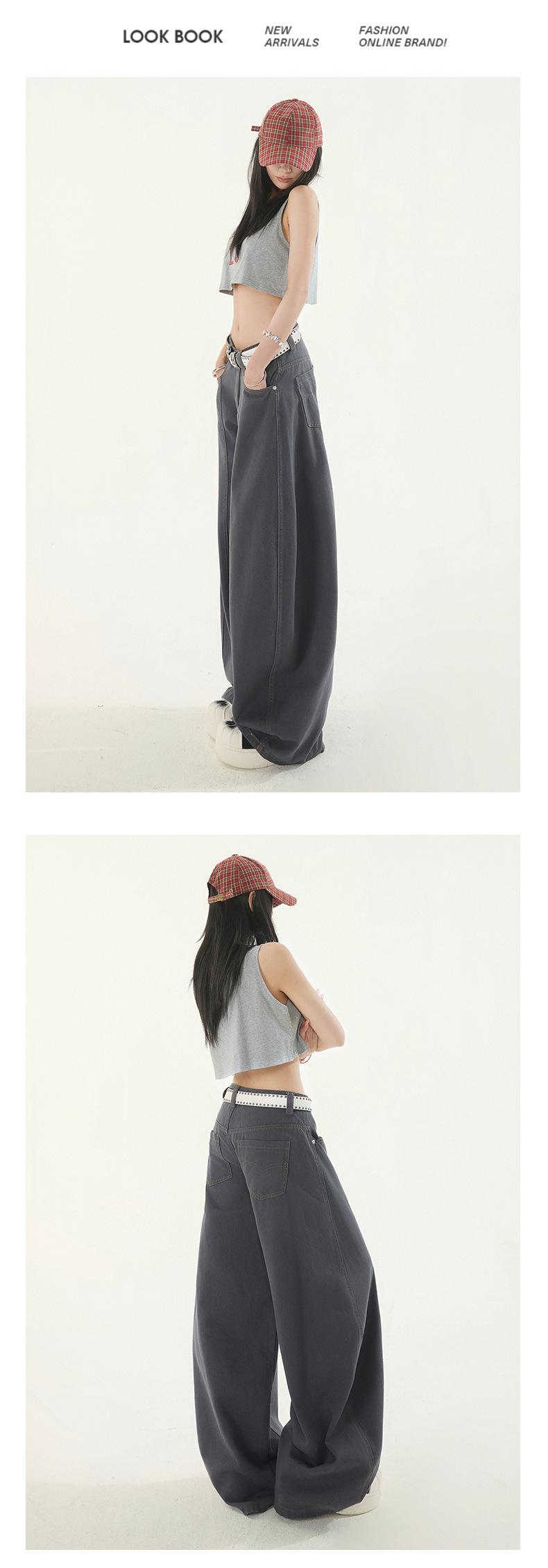 Wide-Leg Flared Denim Pants for Women Deep Gray Retro Pleated Loose Wide-Leg Casual Long Pants Summer