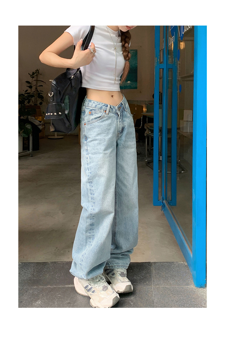 Washed Blue V-neck Waist Straight Leg Jeans Women Loose Slimming High-waisted Versatile Drape Floor-length Pants