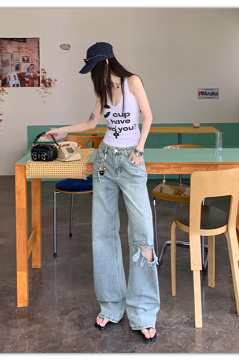 Light Blue Distressed Wide-Leg Jeans Women Retro Design Loose Straight Pants High Street