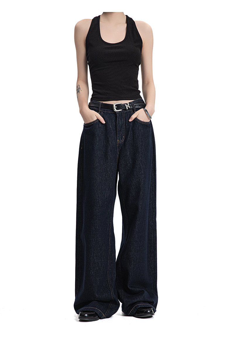 Denim Pants Vintage Wash Straight Commuter Casual Loose A-Line Trousers
