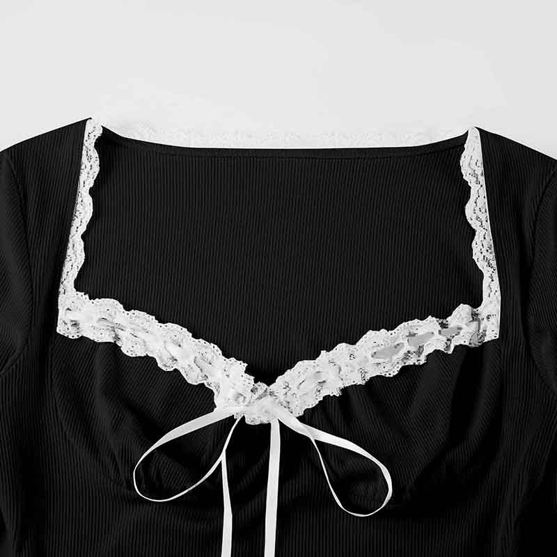 Lace Splicing Pleated Tie V-neck Dress Versatile Slimming Waist Short Skirt