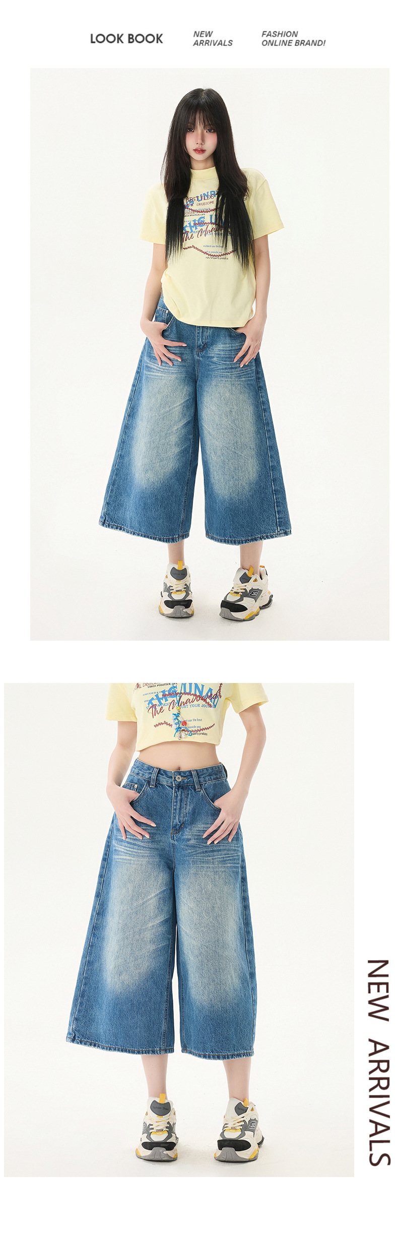 Design Creased 7/8 Length Jeans Women Summer Loose Wide-Leg Casual Lazy Mid-Length Pants