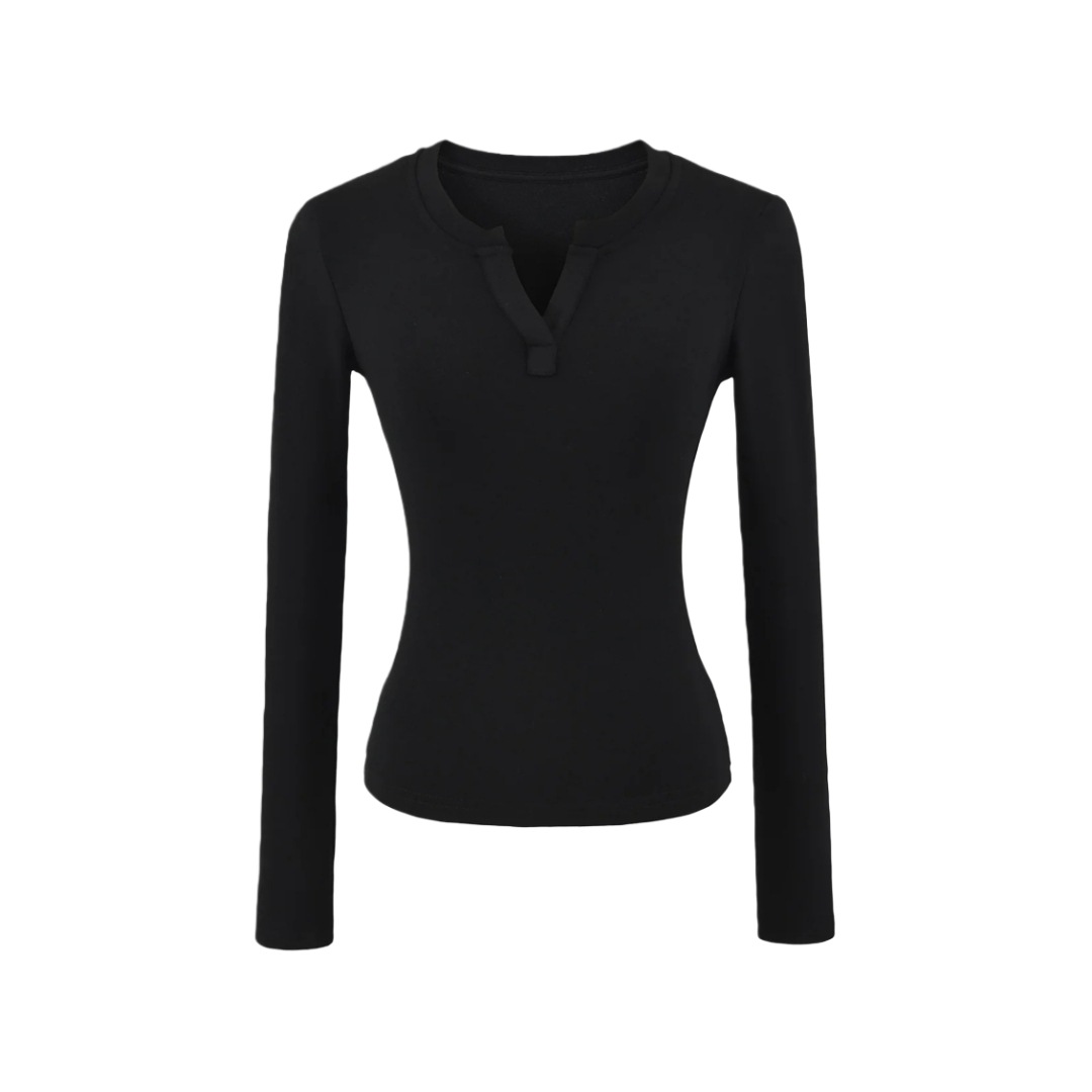 Private Lady Slim Fit Plunge Plain Wrist-Length Tee