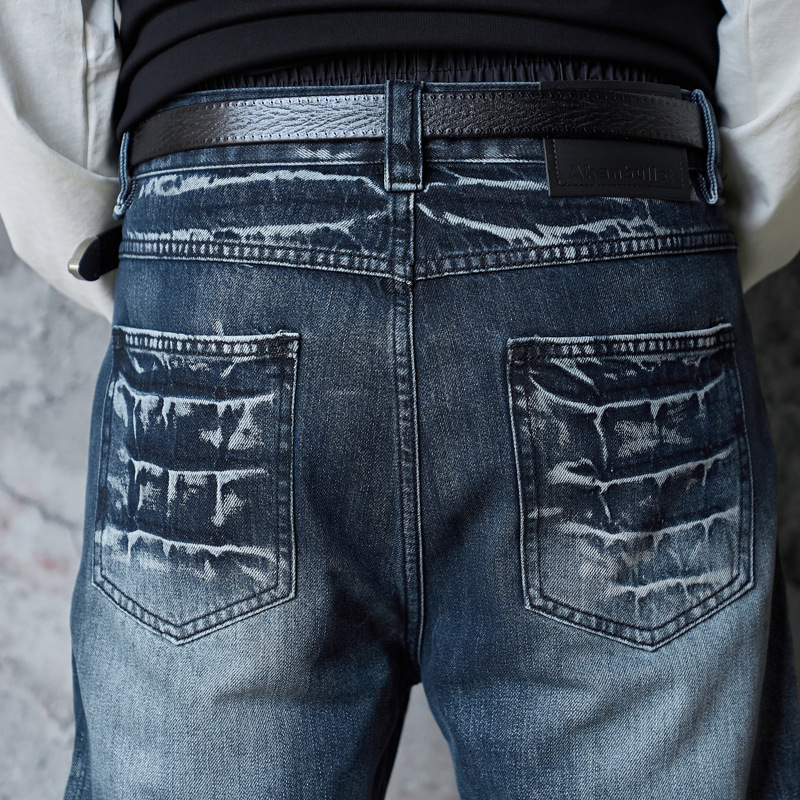 Retro Washed Lightning Pattern Men's Long Pants, INS Autumn Trendy Streetwear, Cool and Versatile Slightly Flared Jeans