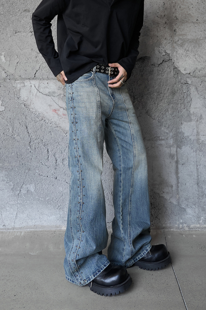 Vintage Deconstructed Patchwork Denim Pants Unisex Street Washed Loose Wide-Leg Tapered Casual Trousers