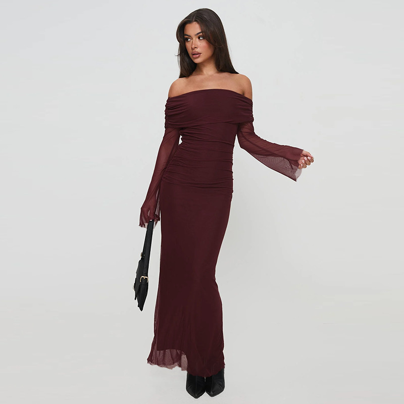 Asymmetric Neckline Three-Quarter Sleeve Polyester Long Mid-Rise Dress