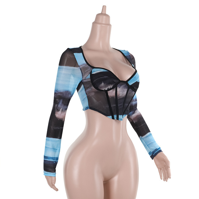 Long Sleeve Polyester Geometric Net Fitted Blouse