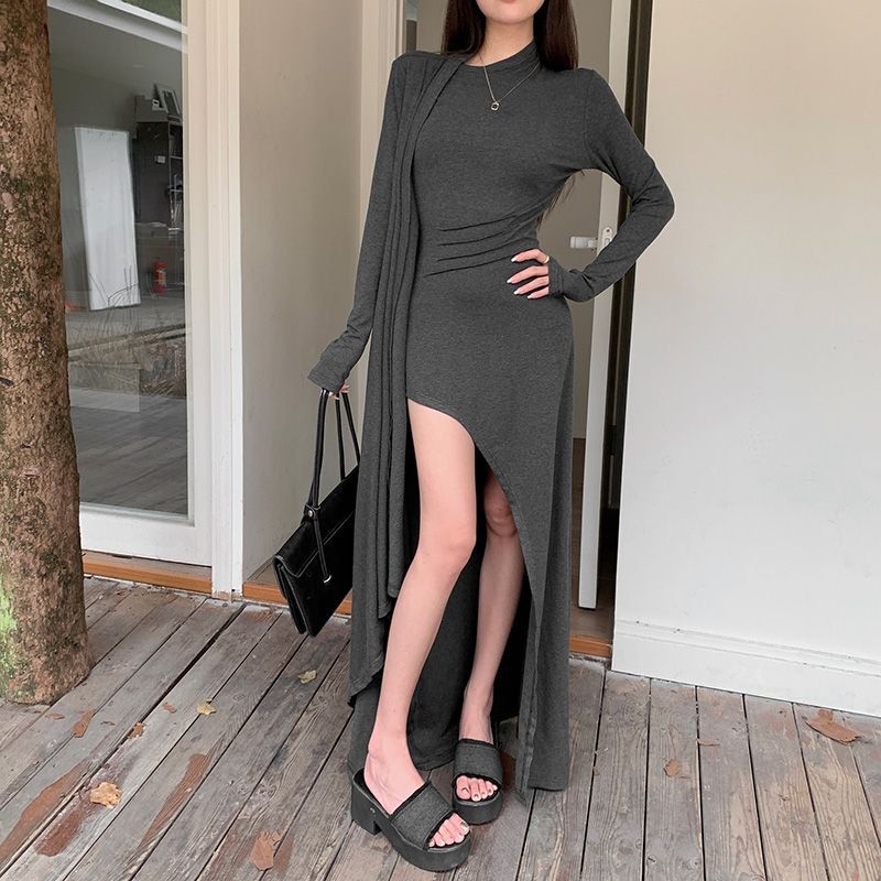 Mock Neck Full Sleeve Slit Fitted Dress