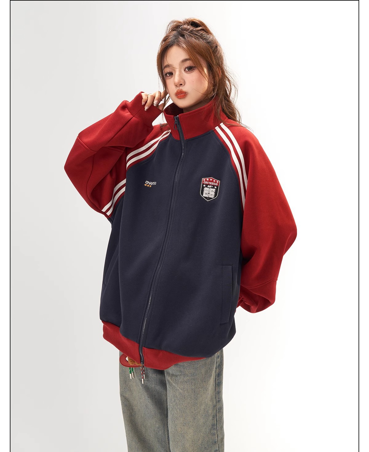 Retro Jacket for Women, High-End Patchwork Raglan Sleeve Hoodie Cardigan, Versatile Stand-Up Collar Top