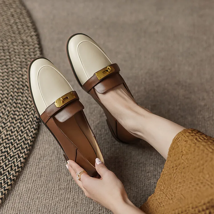 Blapunka Women Genuine Leather Loafers Designer Metal Lock Mix-color Slip-on Flat Shoe Ladies Spring Autumn Casual Comfort Flats