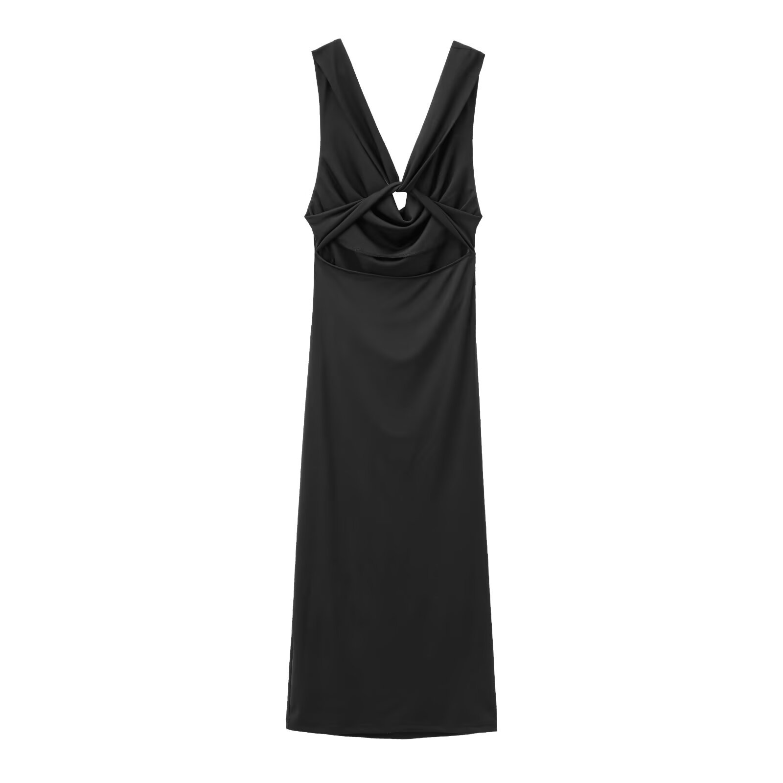 Women's Clothing Back Knot Decorative Pleated Collar Sleeveless Fitted Midi Dress