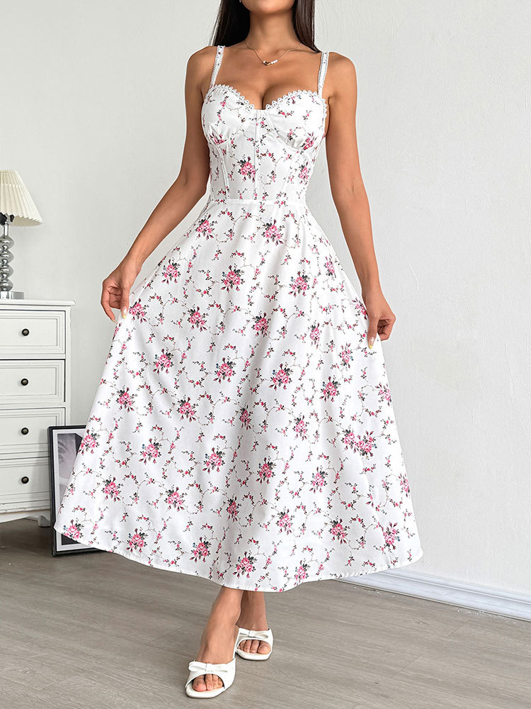 Ladies Patterned V-Neck Bare Shoulder Fitted Maxi Dress
