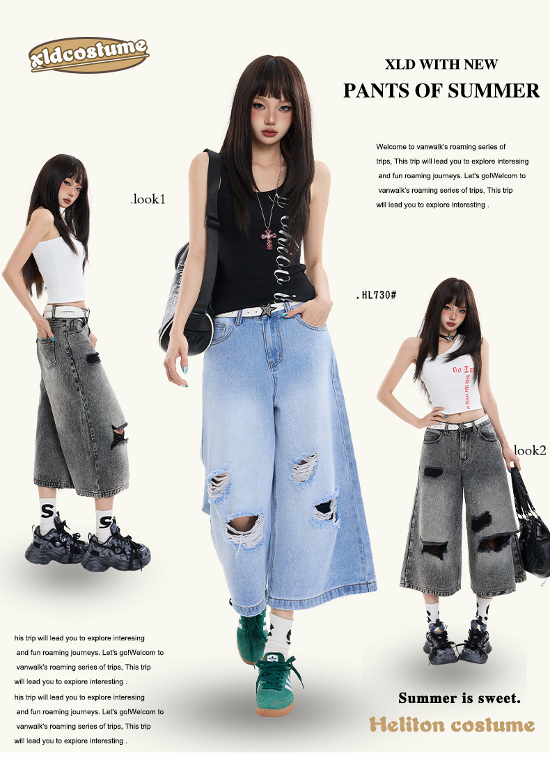 Black Gray Hole Seven-Point Denim Pants Women Vintage Wide-Leg Straight Leg Pants High Street Trendy