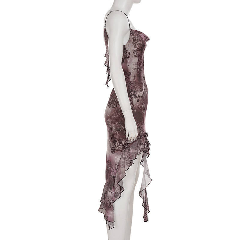 Vintage Print Irregular Hem Lace-Up Mesh Dress with Ruffle Edge and Strapless Design