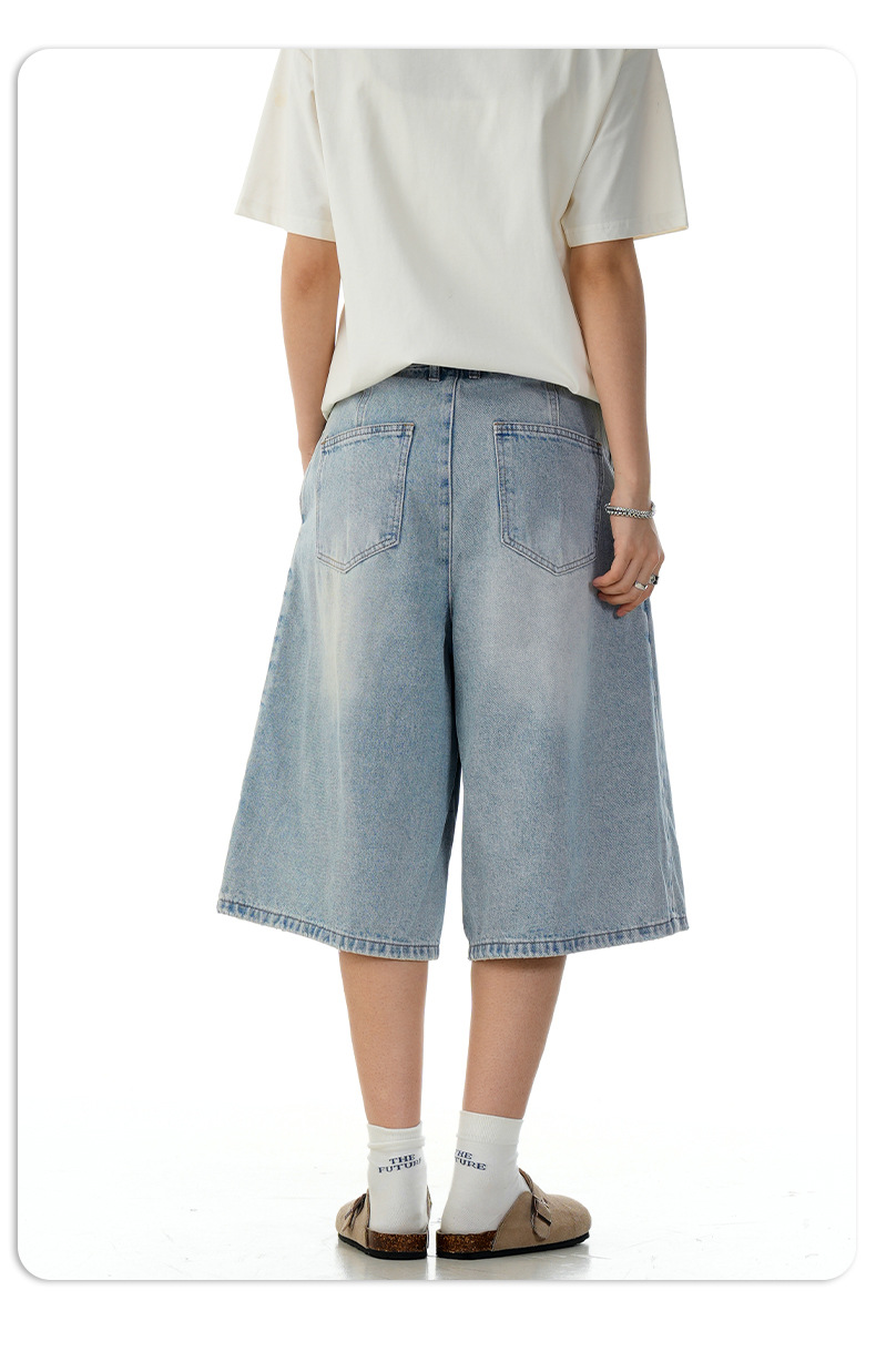 Washed Blue A-Line Straight Loose Denim Shorts for Men and Women