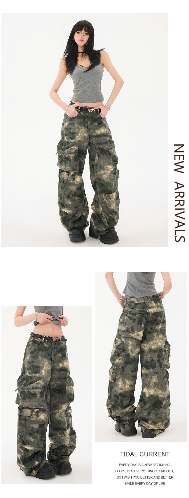Women's Work Pants Camouflage Multi-Pocket Loose Wide-Leg Denim Trousers